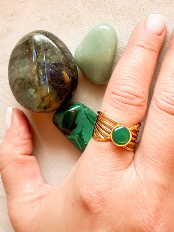 Bague acier pierre naturelle modèle Océan jade vert bijoux Lyon