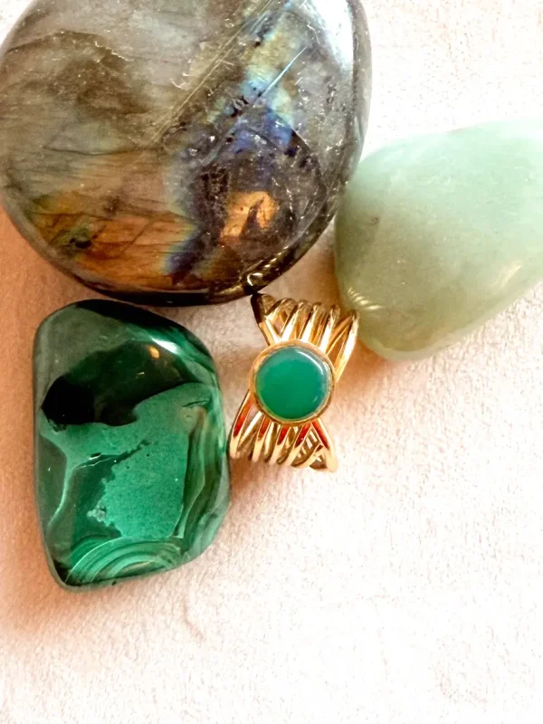 Bague acier pierre naturelle modèle Océan jade vert bijoux Lyon