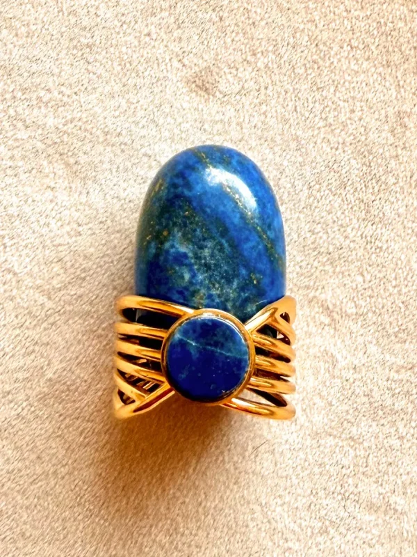 Bague acier doré pierre naturelle sodalite modèle Océan Bijoux Lyon