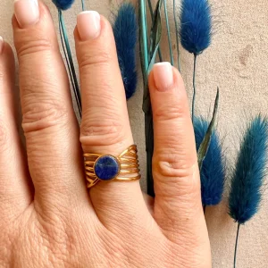 Bague acier doré pierre naturelle apatite modèle Océan Bijoux Lyon