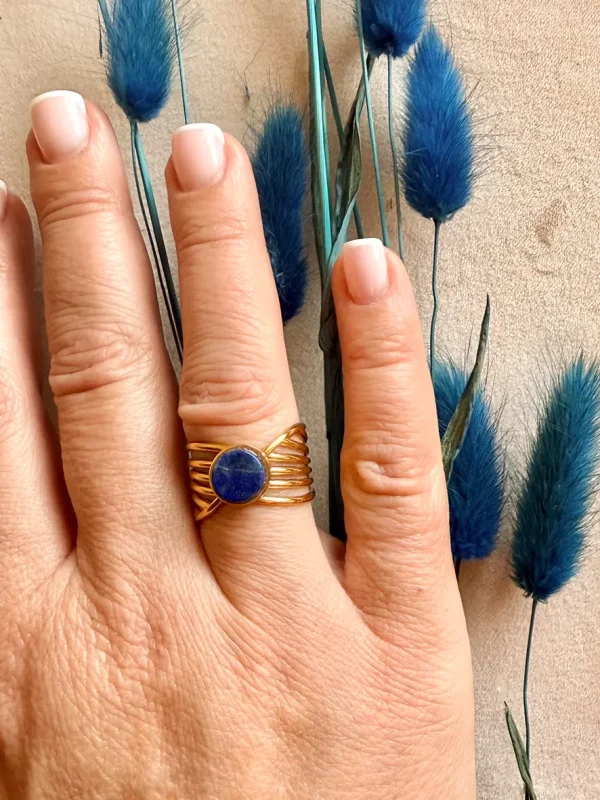 Bague acier doré pierre naturelle apatite modèle Océan Bijoux Lyon