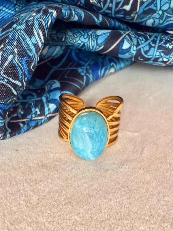 Bague acier doré pierre naturelle modèle océan bijoux Lyon
