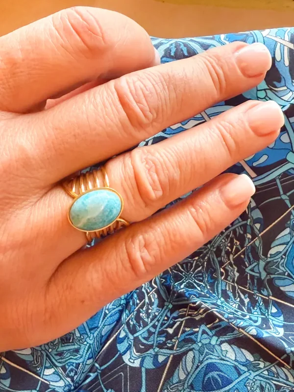 Bague acier doré pierre naturelle modèle océan bijoux Lyon