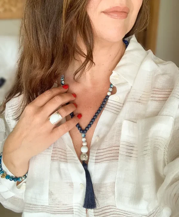 Collier long style mala pierre naturelle jade océan bleu bijoux lyon