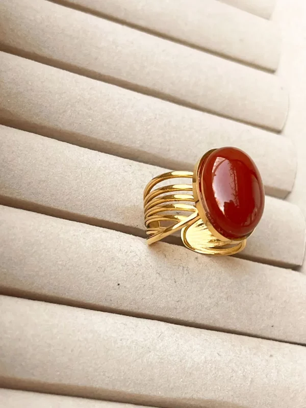 Bague acier doré pierre naturelle cornaline modèle océan bijoux Lyon