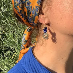 Créoles bleu pendentif coeur soleil Bijoux Lyon