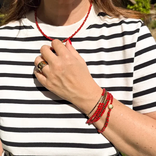 Bijoux Lyon bracelet collier perles rouges dorées fait main