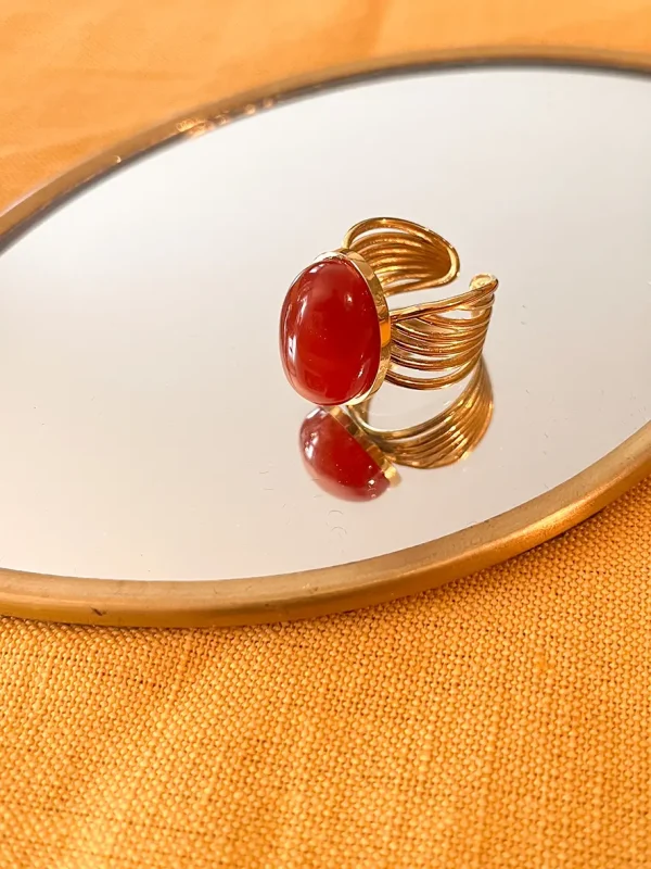 Bague acier inoxydable pierre naturelle cornaline rouge bijoux lyon