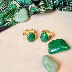 Bague ovale dorée pierre naturelle malachite vert Lyon Bijoux foulard soie