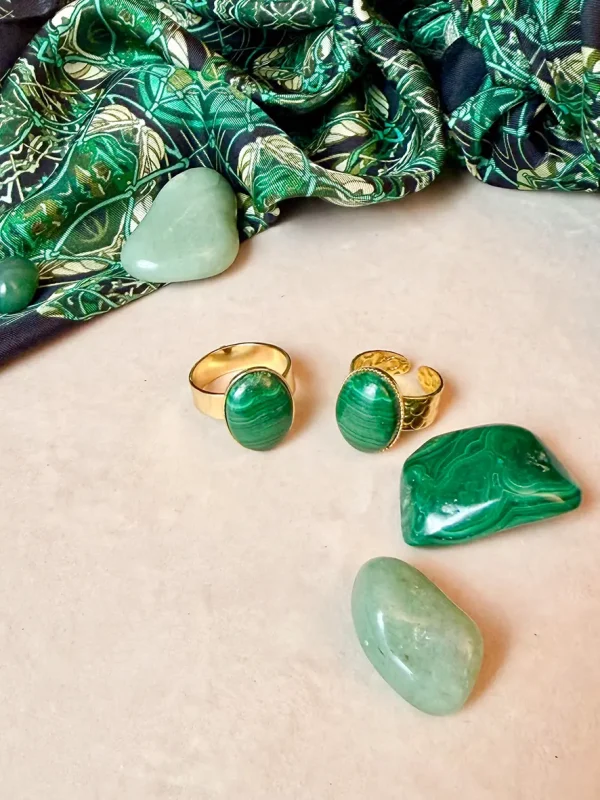 Bague ovale dorée pierre naturelle malachite vert Lyon Bijoux foulard soie
