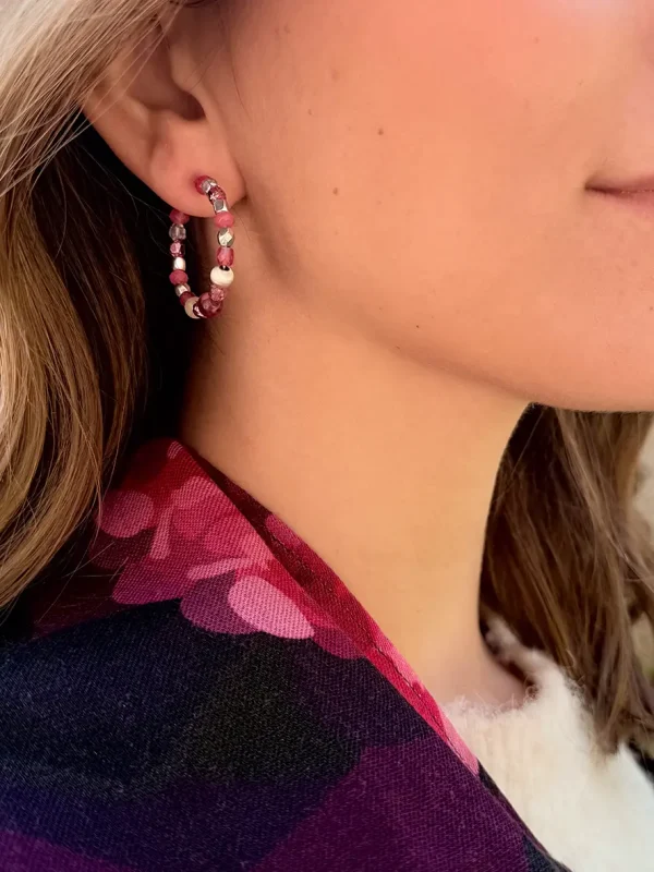 Créoles boucles d'oreilles perles rose et argent Bijoux Lyon