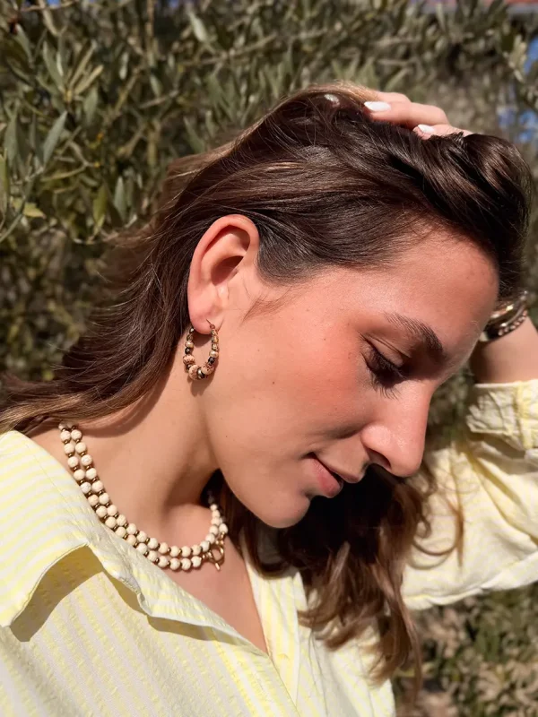 Créoles boucles d'oreilles perles de bohème beige et cuivrées Bijoux Lyon