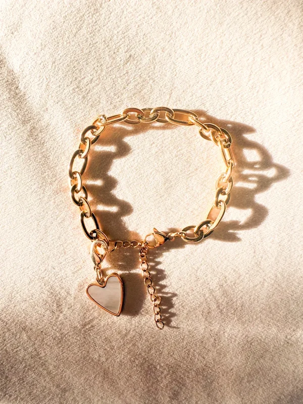 Bracelet chaine acier inoxydable charm coeur nacre bijoux Lyon