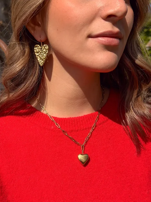 boucles d'oreilles dorées pendentif coeur martelé et collier chaine pendentif coeur bijoux Lyon