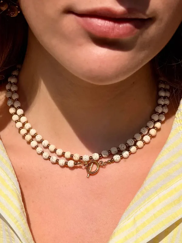 Collier long pierre naturelle howlite blanc ivoire double tour Bijoux Lyon