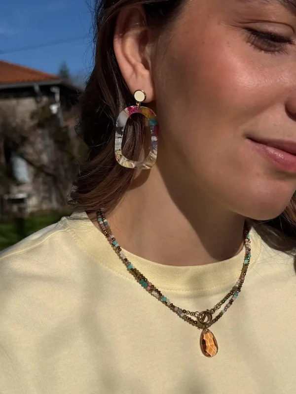 Collier modèle Meli Melo pastel pendentif cristal rose clair bijoux Lyon boucles d'oreilles légères mix pastel