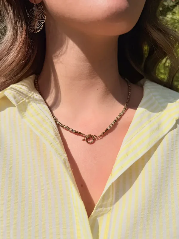 Collier en perles de verre et hématite dorée, joli fermoir en acier inoxydable Bijoux Lyon
