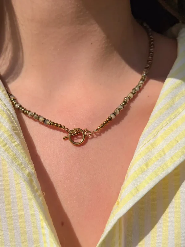 Collier en perles de verre et hématite dorée, joli fermoir en acier inoxydable Bijoux Lyon