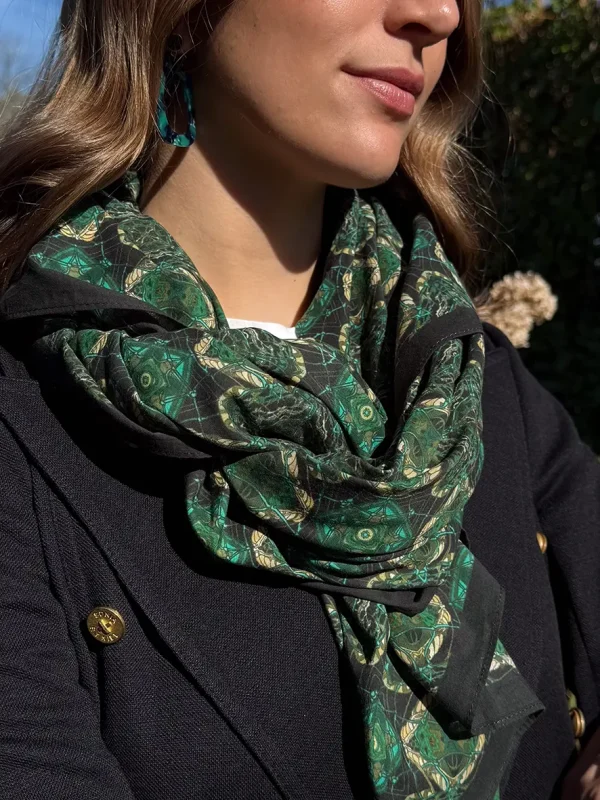 Etole paréo coton bio motif vert noir filet de pêche accessoires mode luxe lyon