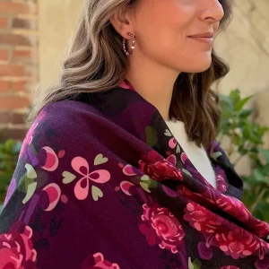 Etole laine soie cachemire motif fleuri hortensias rose bordeaux accessoires luxe mode lyon